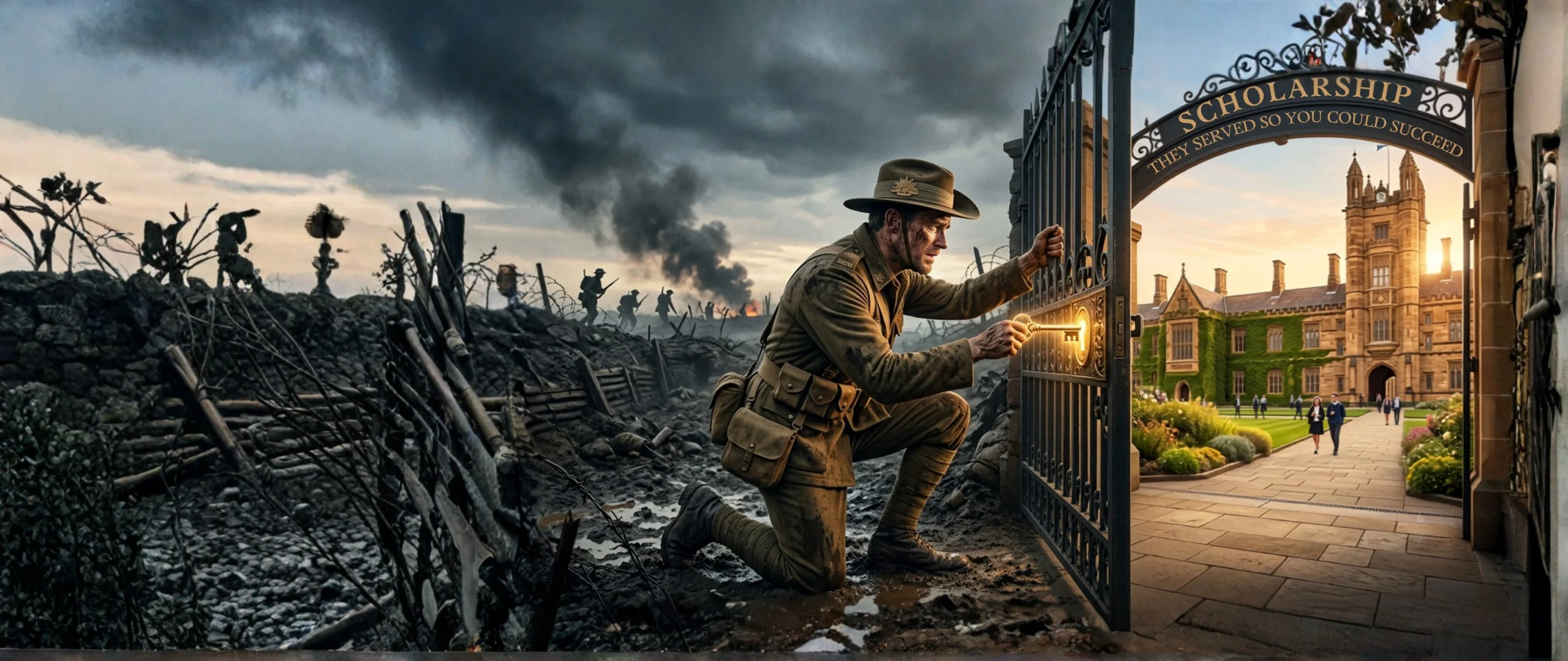 An Australian soldier in WWI uniform turns a golden key to open iron gates leading to a sunlit sandstone university campus. Text on the gate reads Scholarship - They Served So You Could Succeed.